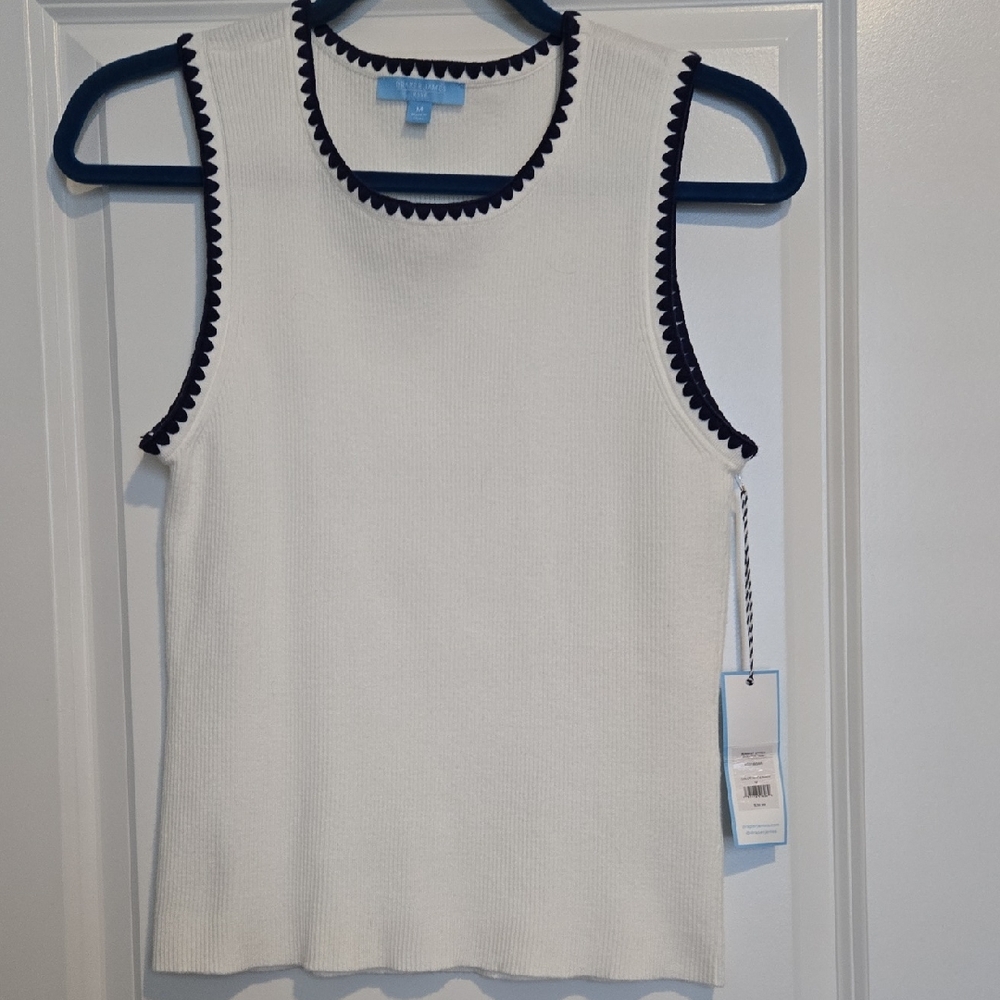 White Sleeveless Sweater Tank Top with Blue Trim